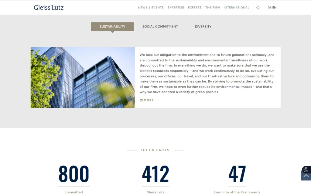 نمونه طراحی سایت حقوقی و وکالت برای وکلا و موسسات حقوقی : اسکرین شات از سایت گروه وکالت GLEISS برای نقد و بررسی از دید یک طراح سایت