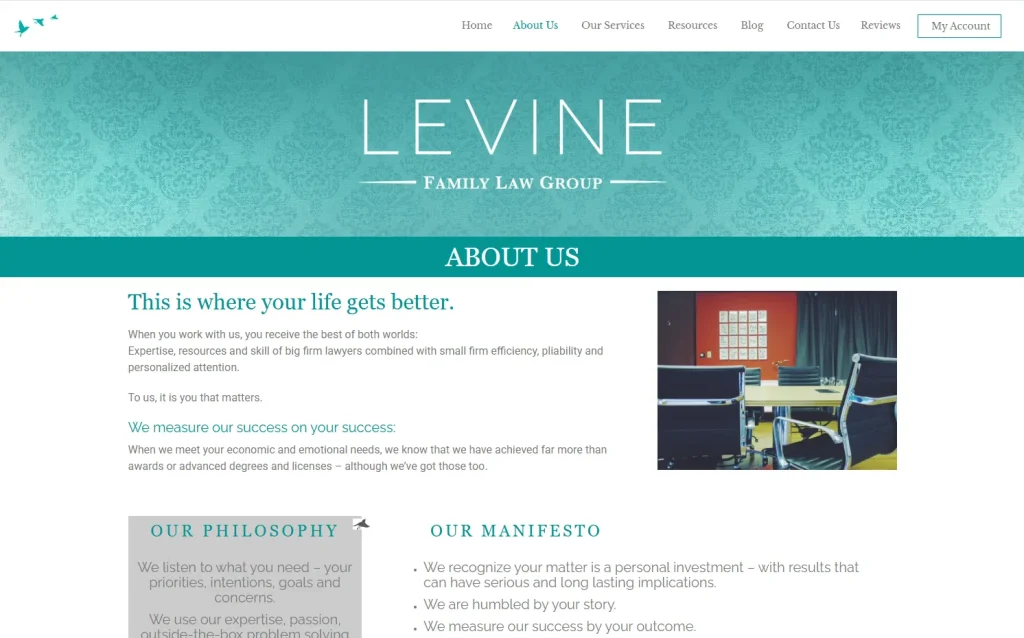 نمونه طراحی سایت حقوقی و وکالت برای وکلا و موسسات حقوقی : اسکرین شات از سایت گروه وکالت LEVINE برای نقد و بررسی از دید یک طراح سایت