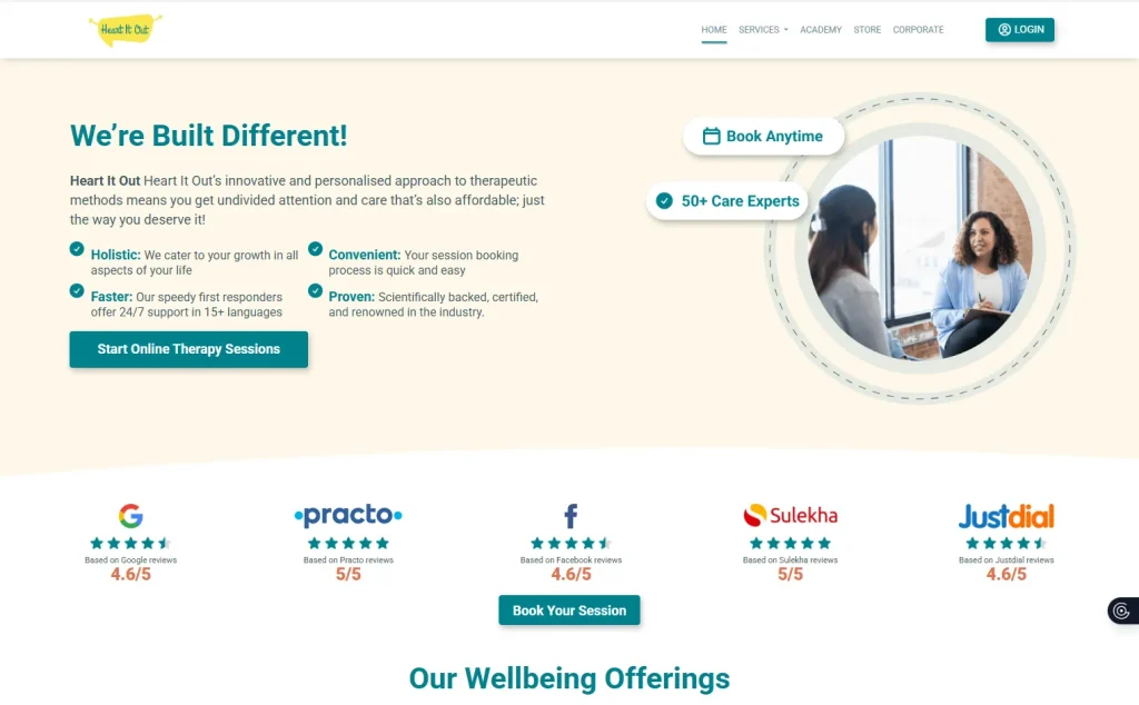 نمونه کار طراحی سایت کلینیک روانشناسی و روانپزشکی : اسکرین شات از سایت heart it out